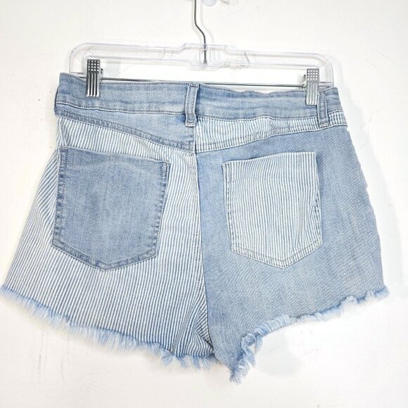 Rewash Blue Colorblock Pinstripe Acid Wash Raw Hem Cut off Denim Mom Shorts - Picture 5 of 7